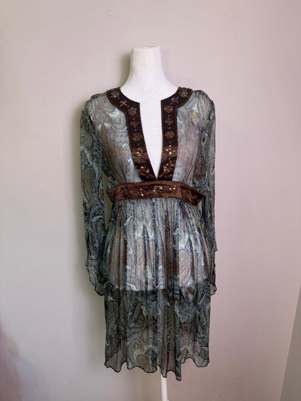 Moschino Sheer Paisley Boho Tunic Dress M Beaded Sequin Embellished Y2K Rare